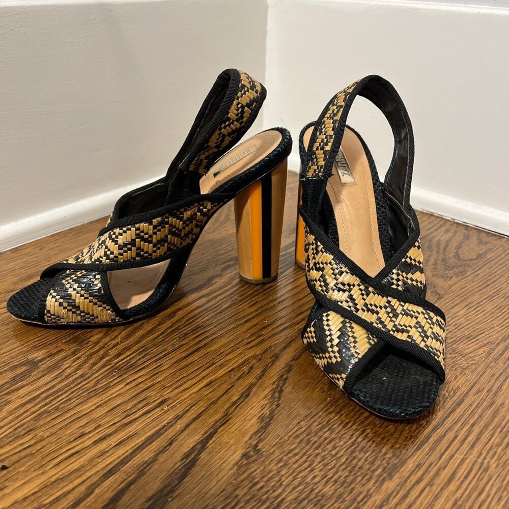 Schutz Woven Straw Raffia Chunky Open Toe Heels